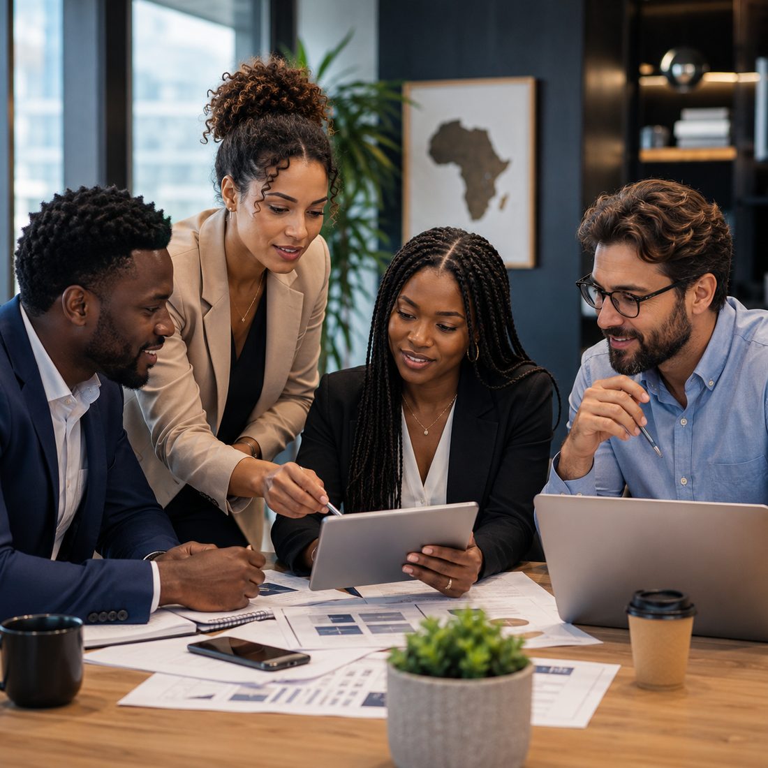 BOWestAfrica professionals reviewing a project together in a boardroom setting.