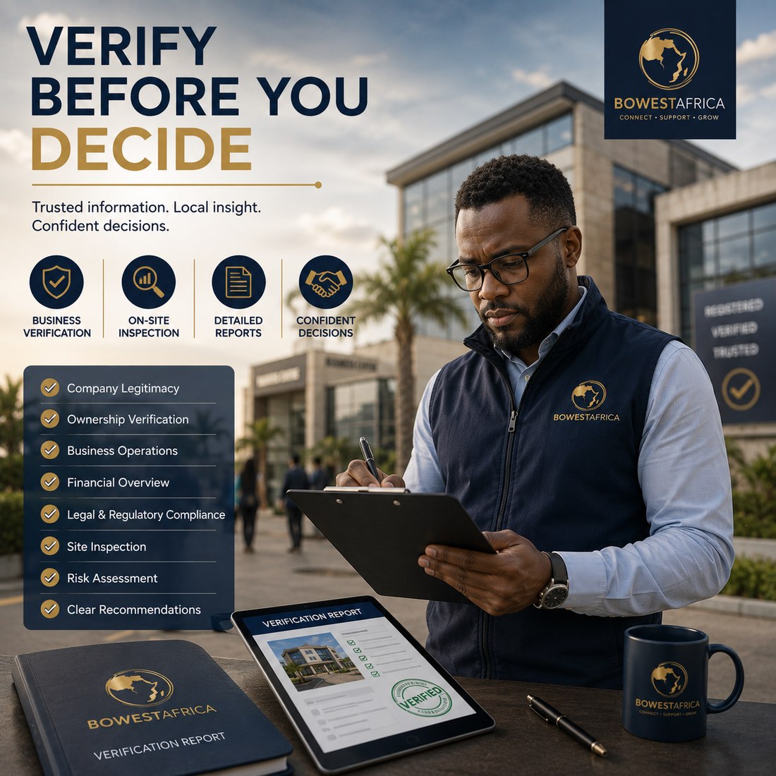 BOWestAfrica Business Verification — independent, on-the-ground verification before you decide.
