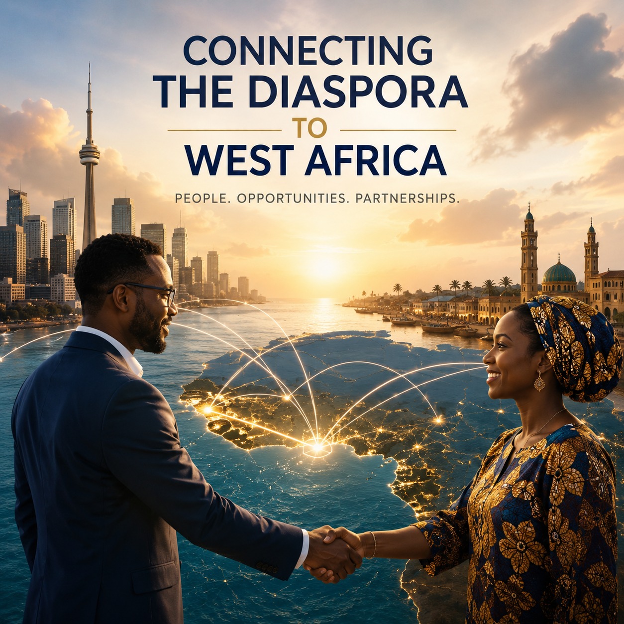 Connecting the Diaspora to West Africa — a diaspora professional and a West Africa-based partner shaking hands, with a network map overlaying the West African coastline.