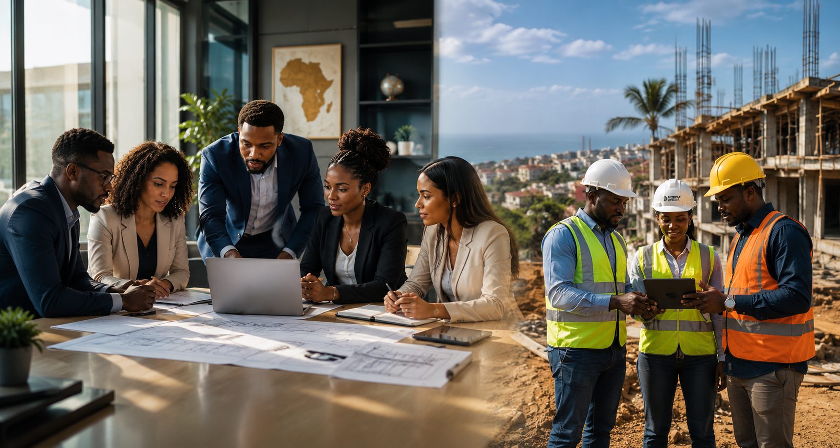 BOWestAfrica members and partners collaborating across West Africa — a diaspora business meeting alongside an on-site project review.